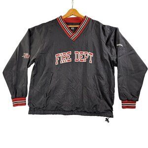 Fire Dept Pullover Jacket Mens Medium Black V Neck Windbreaker Lined Embroidered